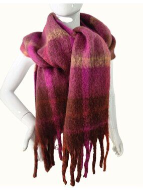 Urban Outfitters Plaid Blanket Scarf Wrap Pink Burgundy Brown Fringe Oversized